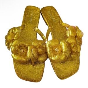 Jeffrey Campbell Women's Floralee Jelly Sandal in Gold Glitter Sz 7 New